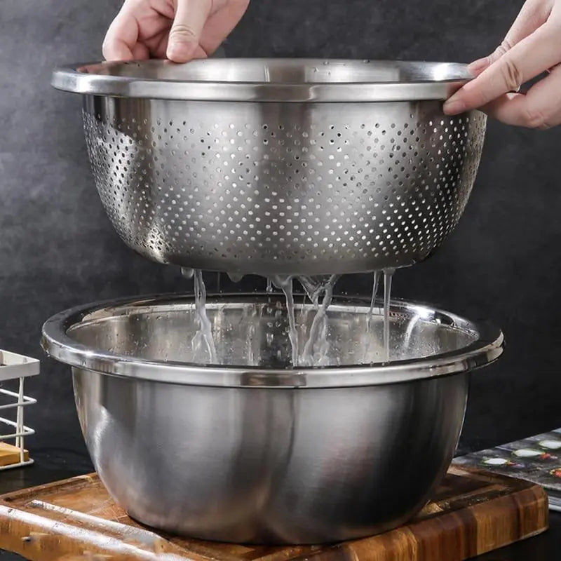 🥗 3-in-1 Stainless Steel Strainer Set with Bowl Sieve Cutter for Rice Veggies Fruit