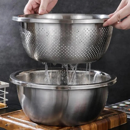 🥗 3-in-1 Stainless Steel Strainer Set with Bowl Sieve Cutter for Rice Veggies Fruit