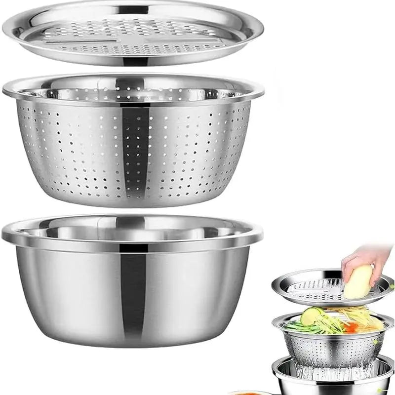 🥗 3-in-1 Stainless Steel Strainer Set with Bowl Sieve Cutter for Rice Veggies Fruit
