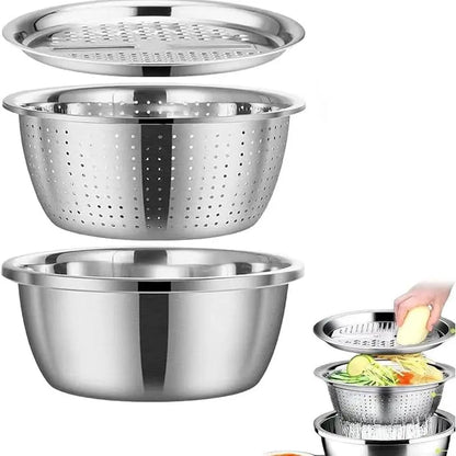 🥗 3-in-1 Stainless Steel Strainer Set with Bowl Sieve Cutter for Rice Veggies Fruit