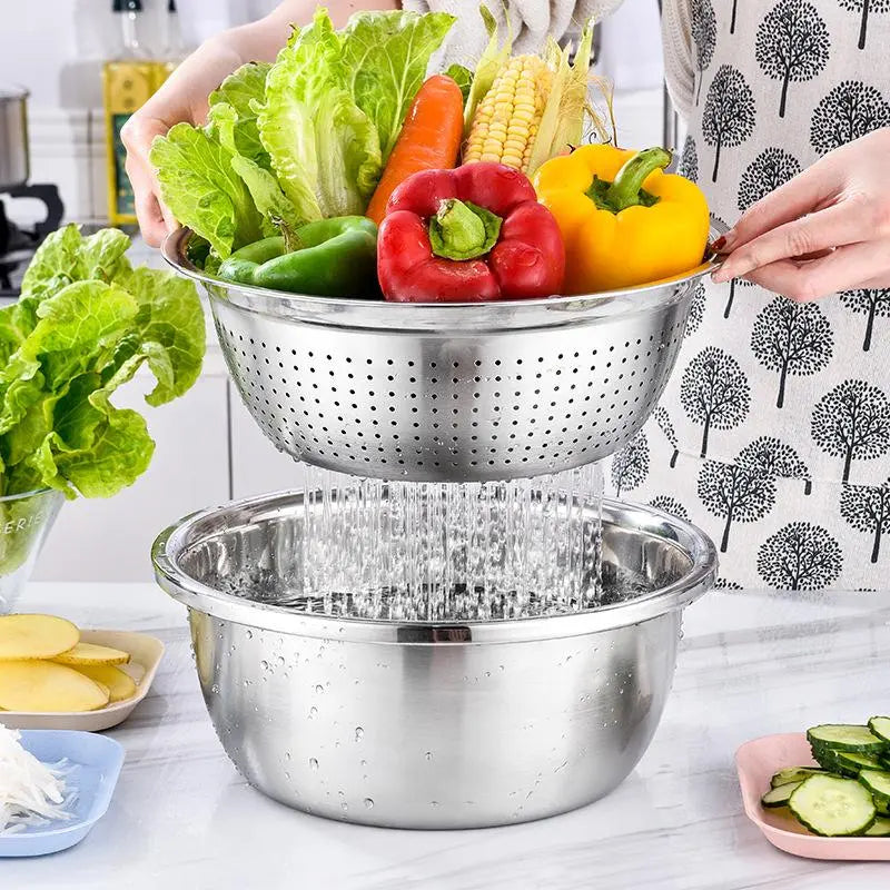🥗 3-in-1 Stainless Steel Strainer Set with Bowl Sieve Cutter for Rice Veggies Fruit