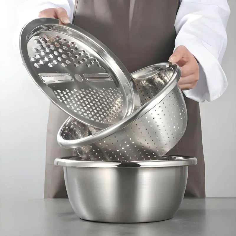 🥗 3-in-1 Stainless Steel Strainer Set with Bowl Sieve Cutter for Rice Veggies Fruit