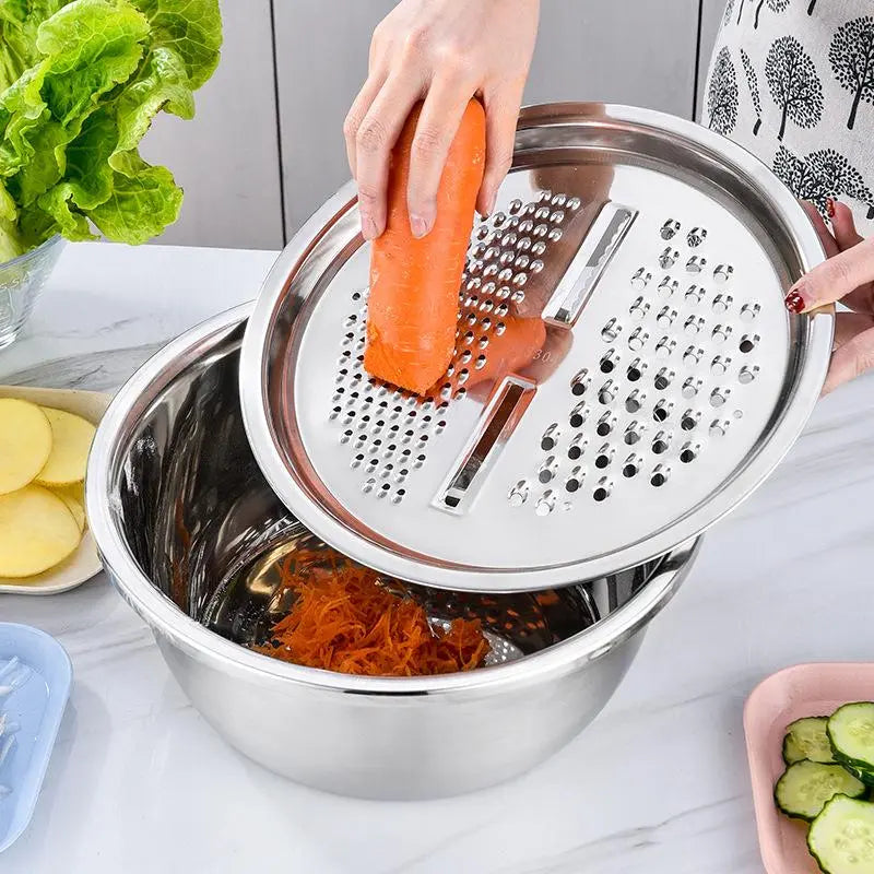 🥗 3-in-1 Stainless Steel Strainer Set with Bowl Sieve Cutter for Rice Veggies Fruit