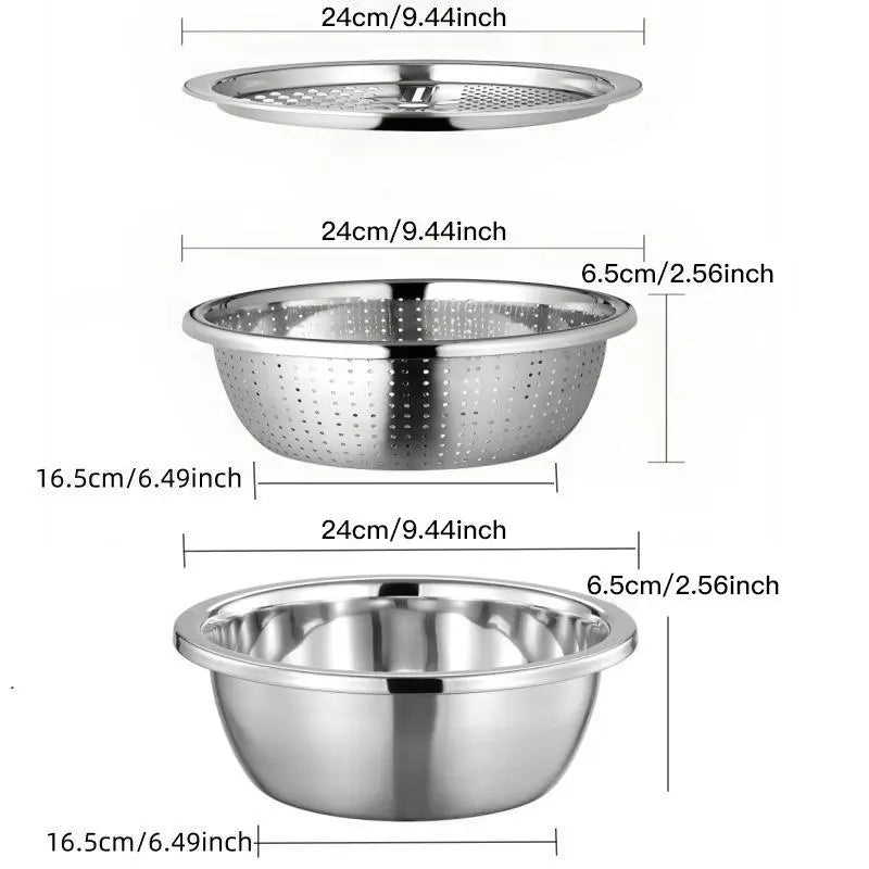 🥗 3-in-1 Stainless Steel Strainer Set with Bowl Sieve Cutter for Rice Veggies Fruit
