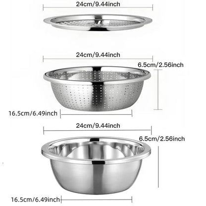 🥗 3-in-1 Stainless Steel Strainer Set with Bowl Sieve Cutter for Rice Veggies Fruit